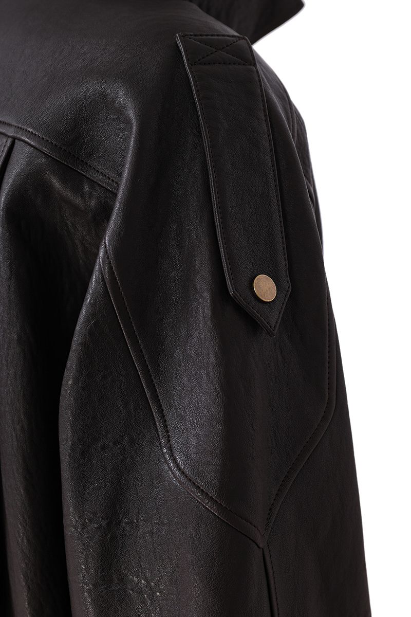 Brown leather moto jacket shoulder and sleeve detail