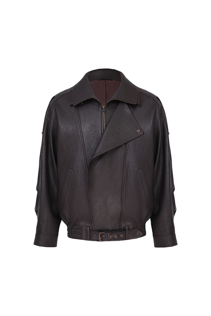 Chocolate brown grained leather belted moto jacket, made to order by Zane, shipped nationwide