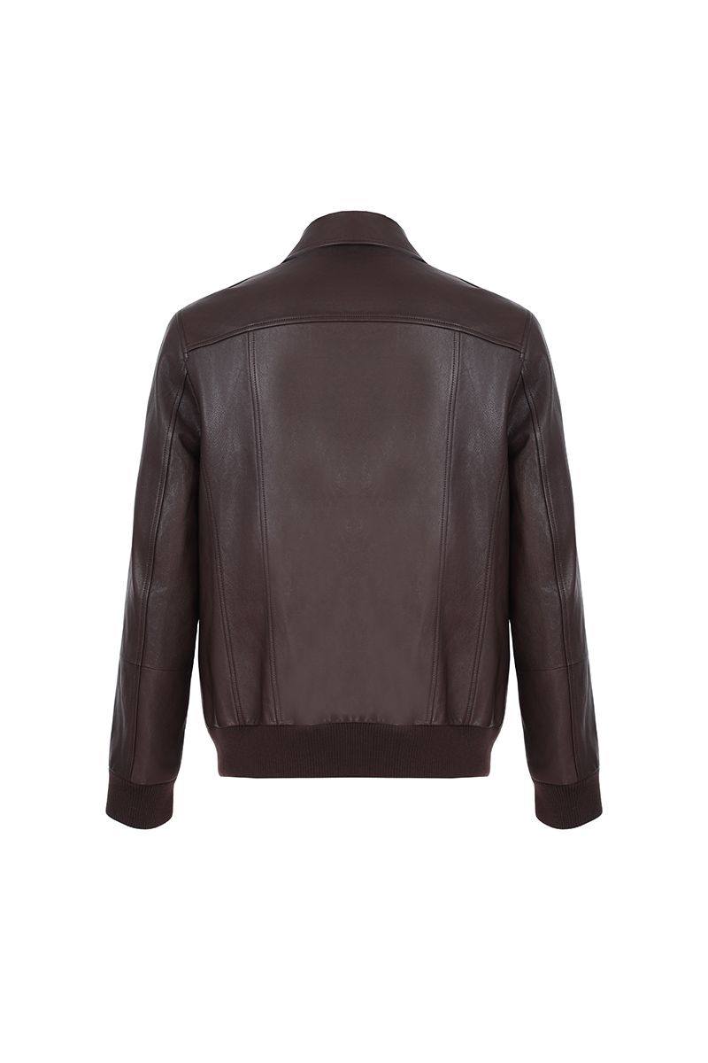 Brown leather flight jacket concealed placket detail