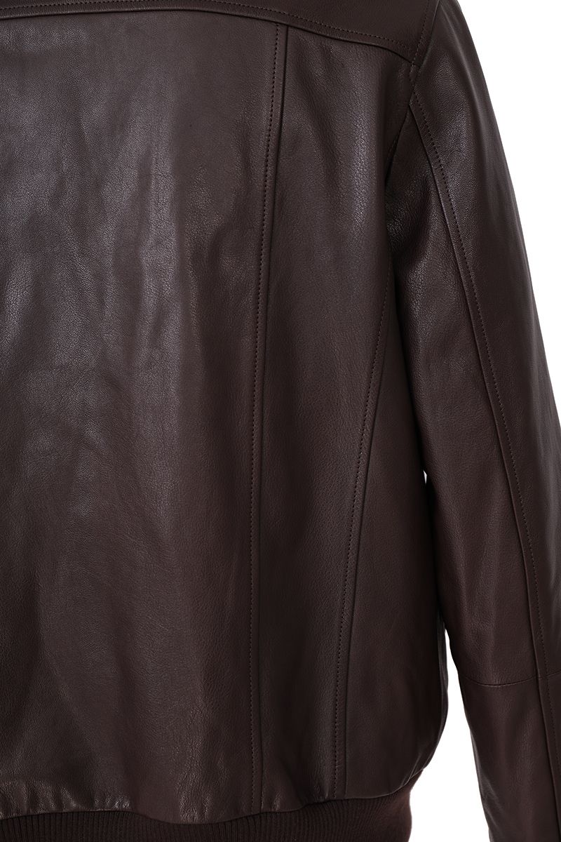 Brown leather flight jacket ribbed cuff detail
