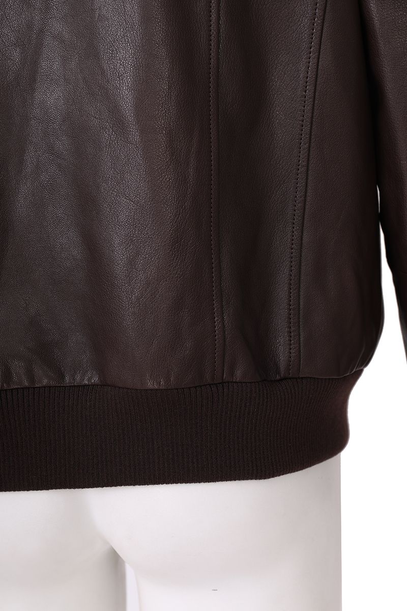 Brown leather flight jacket ribbed hem detail