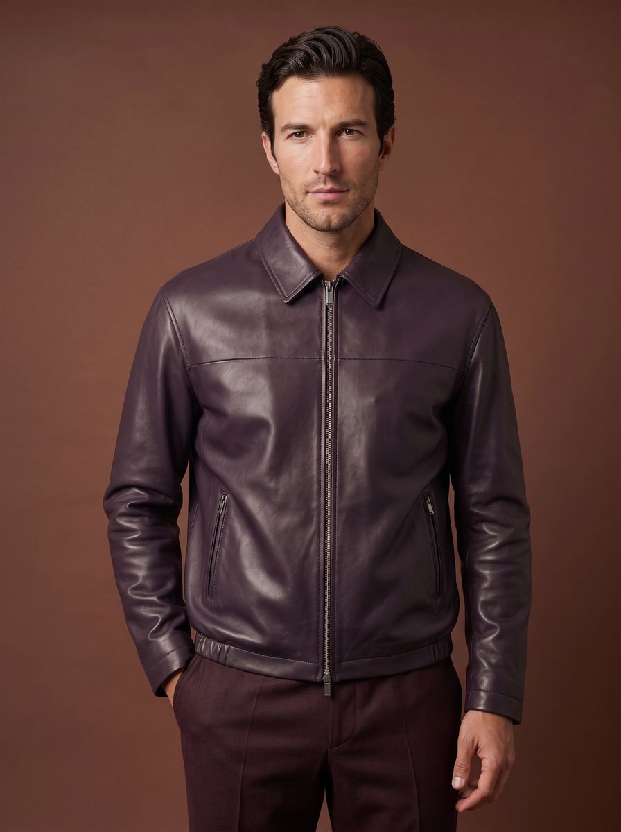 Aubergine leather blouson jacket front view