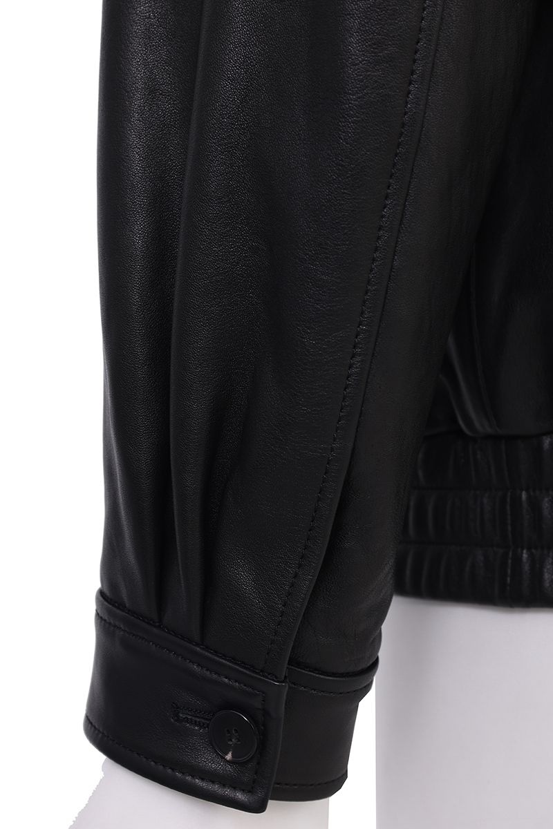 Black leather bomber jacket zip pull detail