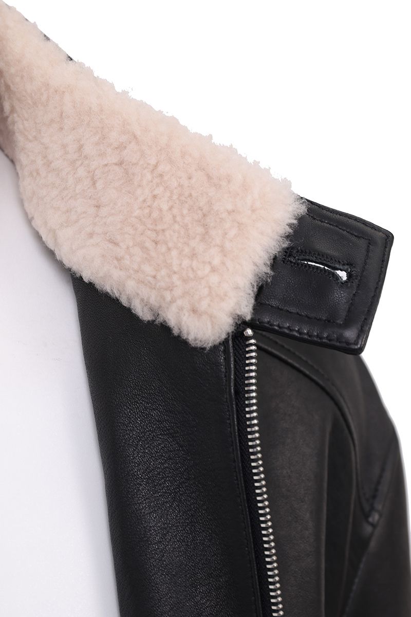Black leather bomber jacket collar and zip detail