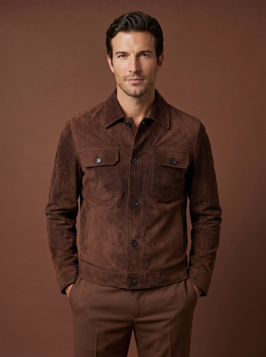 Tobacco suede trucker jacket styled view