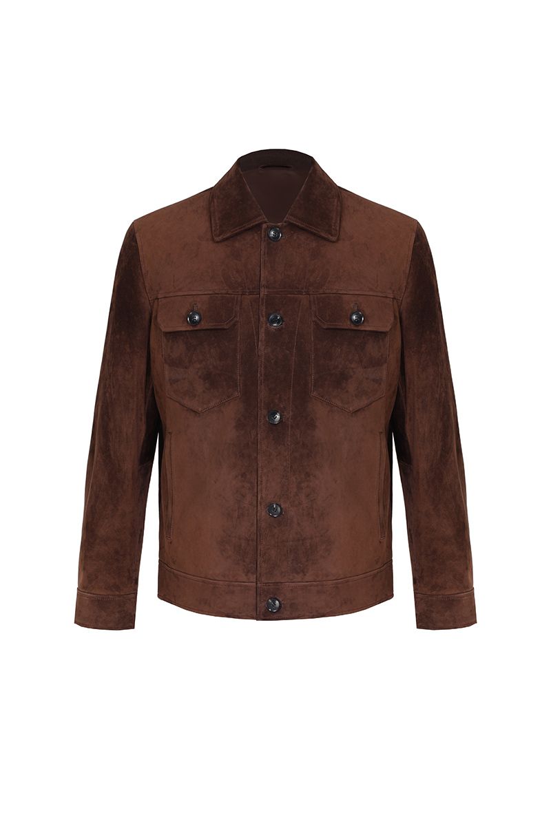 Tobacco suede trucker jacket front view