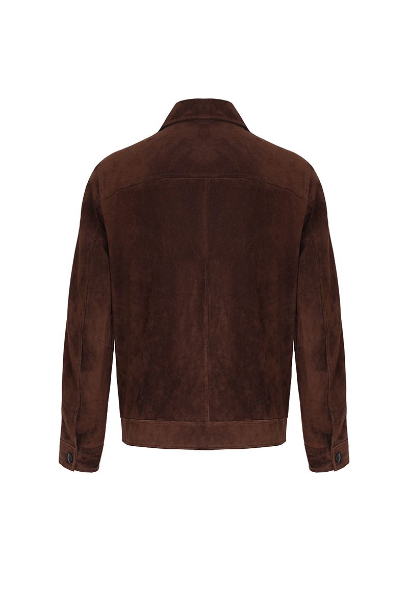 Tobacco suede trucker jacket pointed collar detail