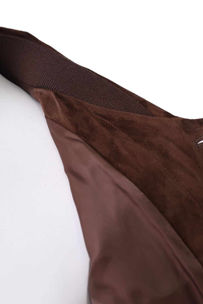 Tobacco suede trucker jacket full length view