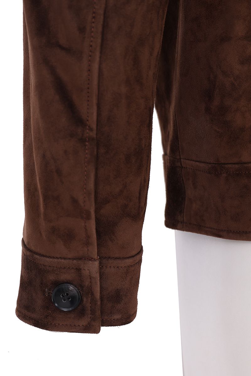 Tobacco suede trucker jacket flap chest pocket detail