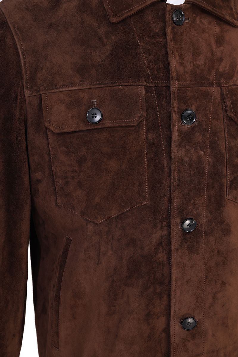Tobacco suede trucker jacket shoulder detail