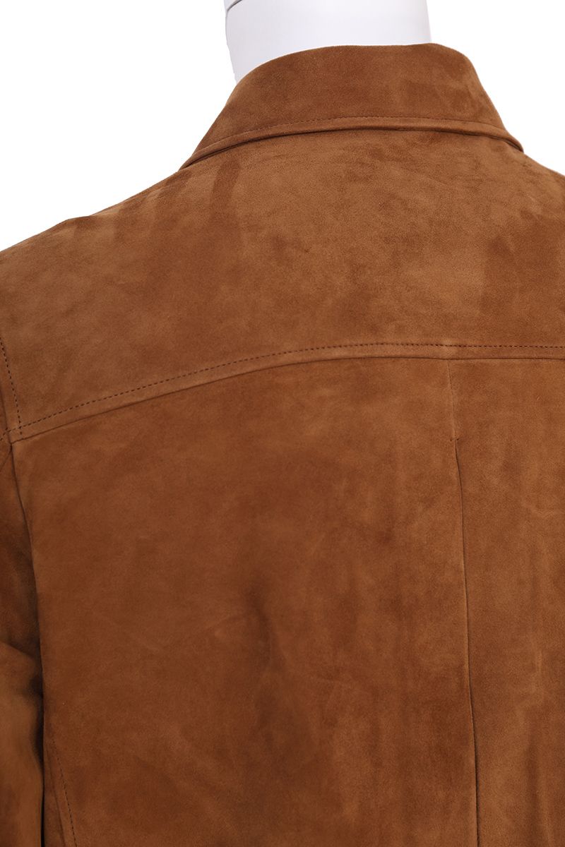 Cognac suede trucker jacket waistband detail
