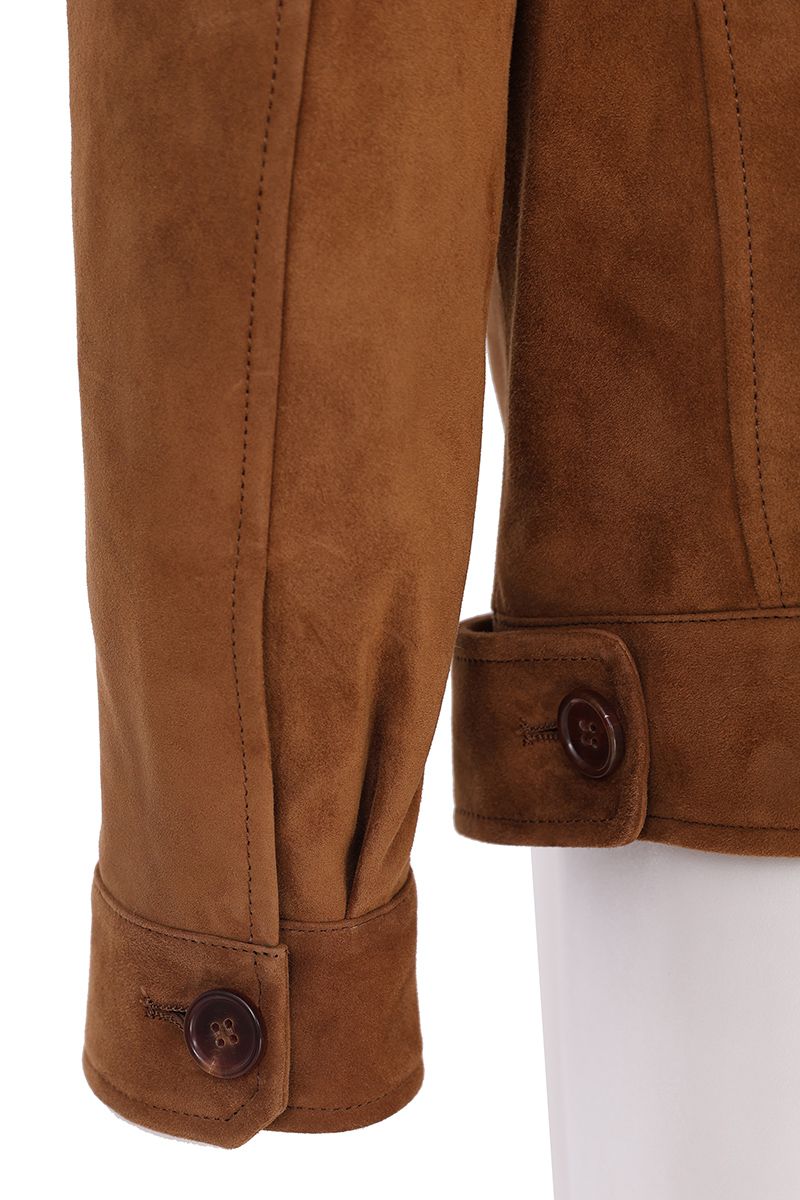 Cognac suede trucker jacket flap chest pocket detail