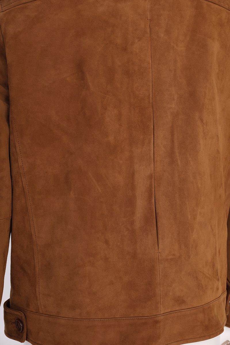 Cognac suede trucker jacket button front detail