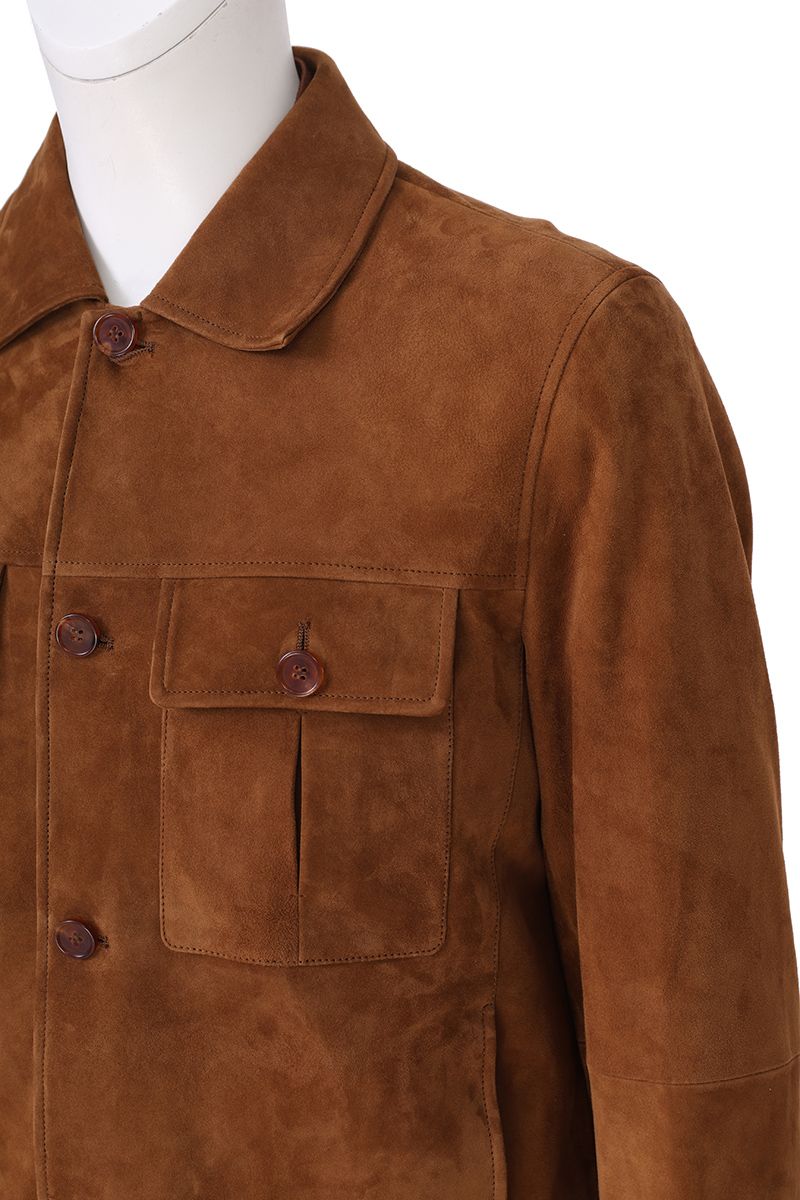 Cognac suede trucker jacket side view