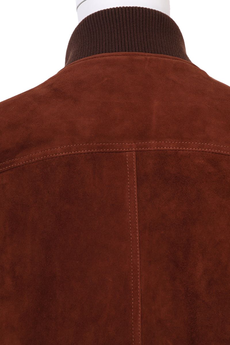 Rust suede bomber jacket ribbed cuff detail
