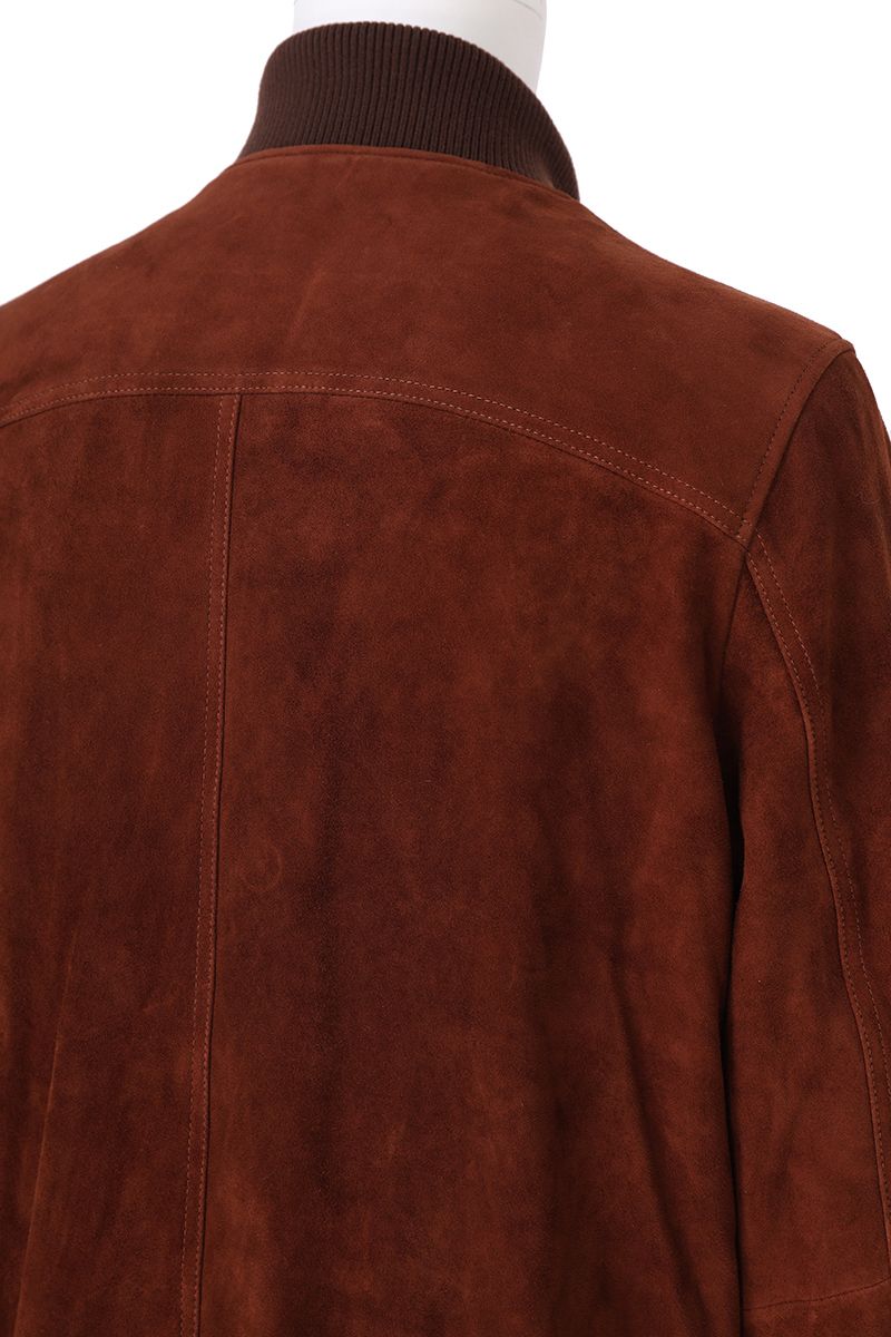 Rust suede bomber jacket flap patch pocket detail