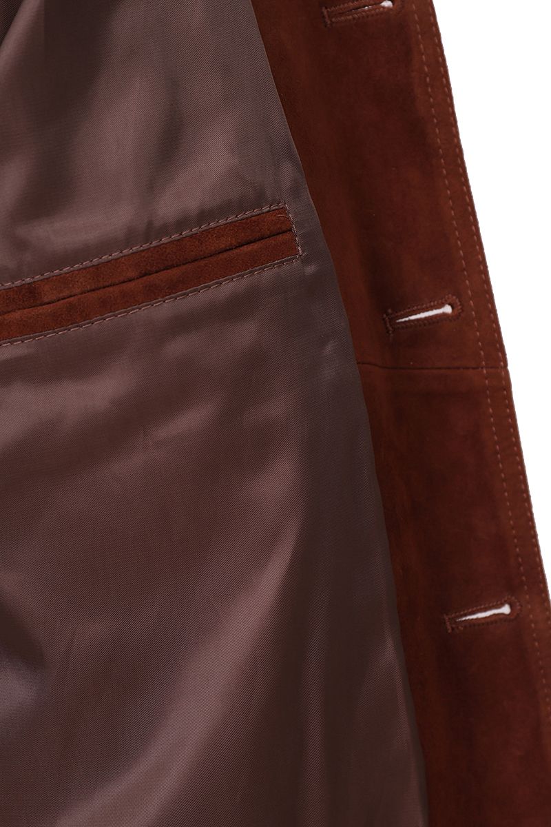Rust suede bomber jacket full length view