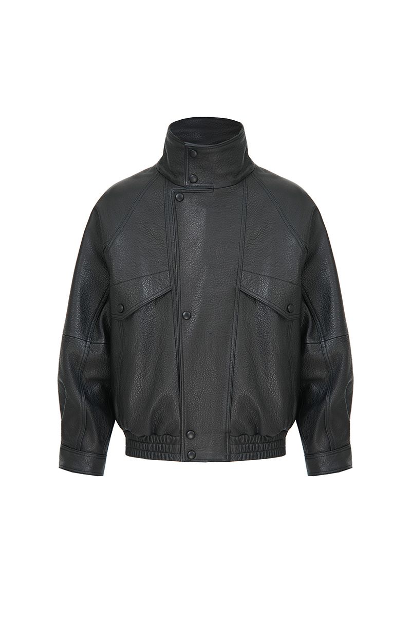 Black grained leather oversized bomber jacket, made to order by Zane, shipped nationwide