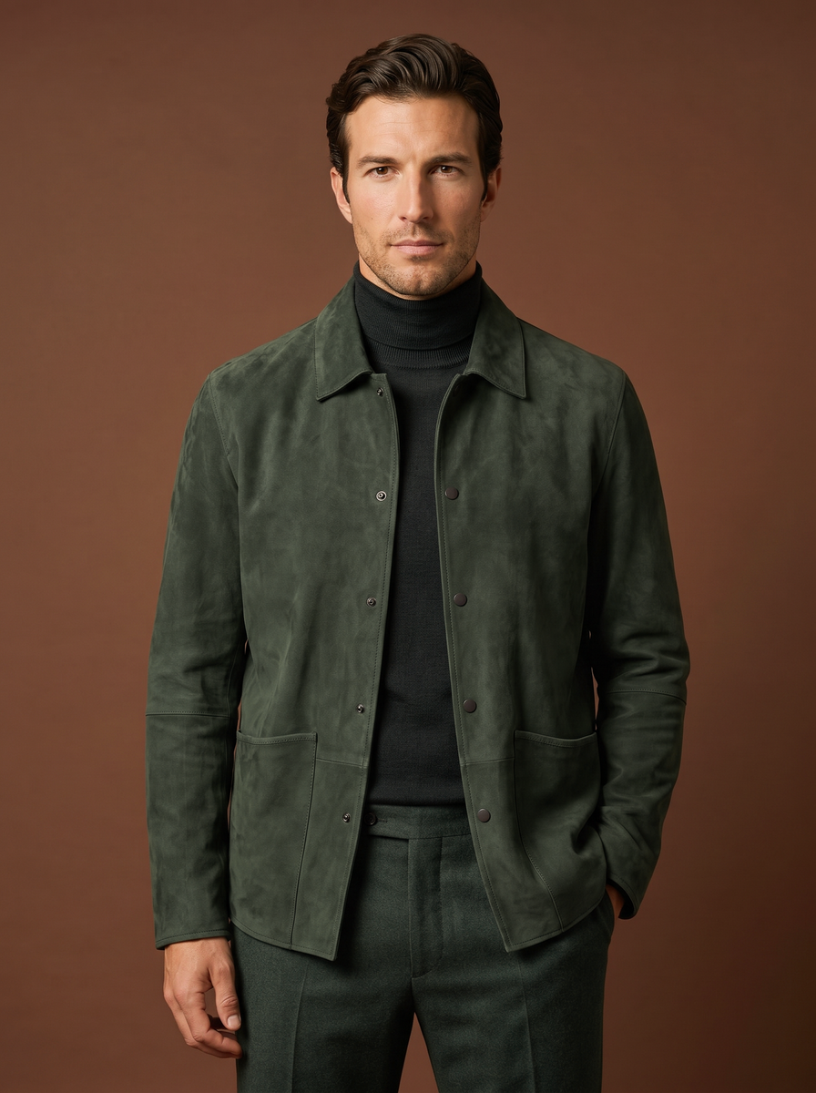 Forest green suede shirt jacket styled view