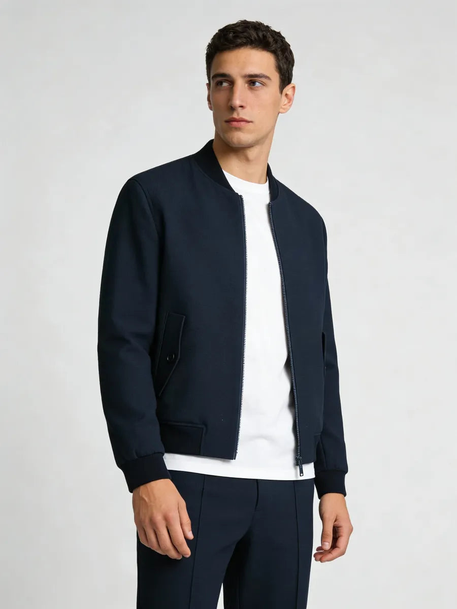 Preston Indigo Wool Silk Stretch Bomber Jacket