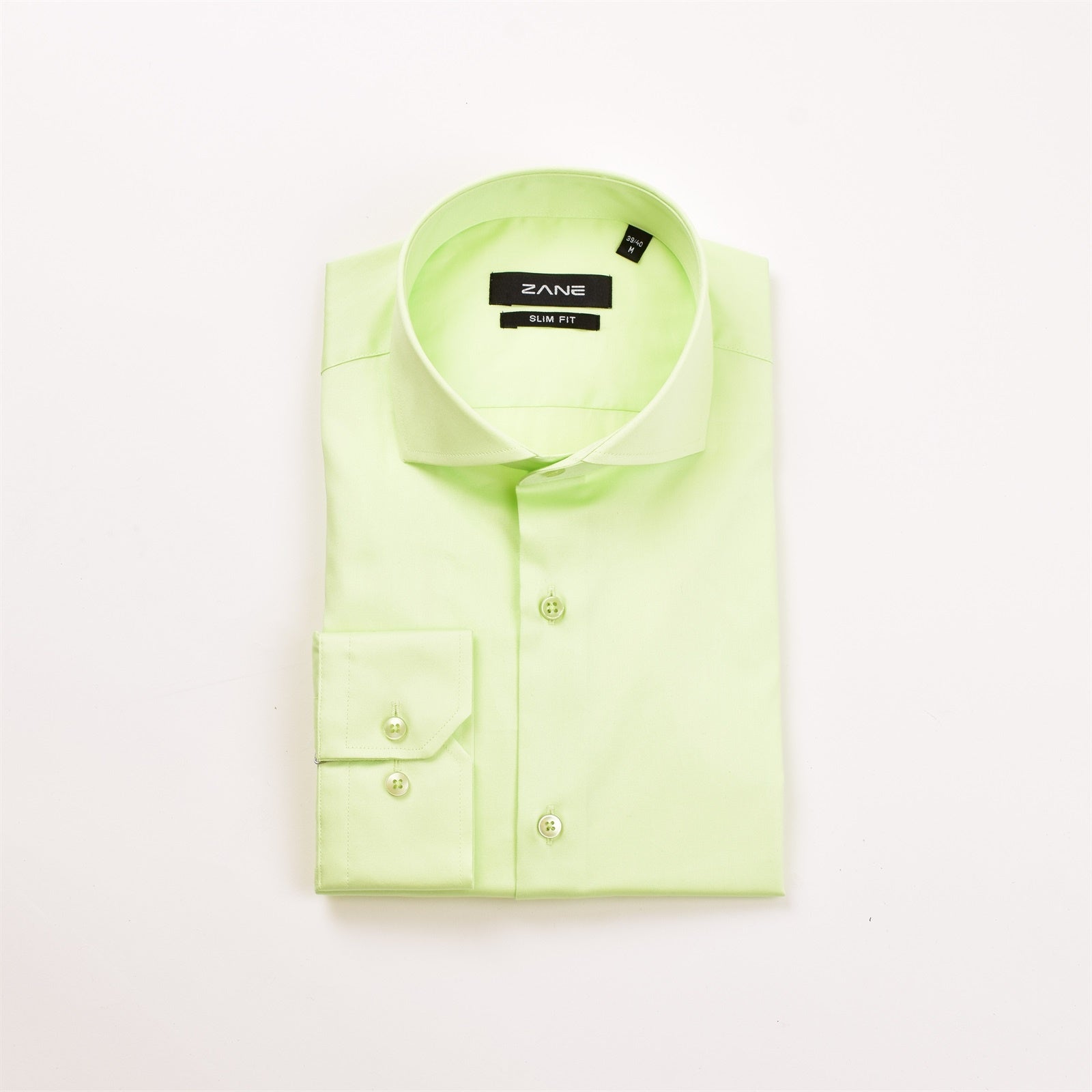 A lime green colored, long sleeve, button-up shirt with a pointed collar, displayed on a white background with the brand label 'ZANE' visible on the upper left corner. Lime Italian cutaway slim fit dress shirt mens long sleeve cotton formal shirt Jacksonville formalwear Zane Suits and Tuxedos