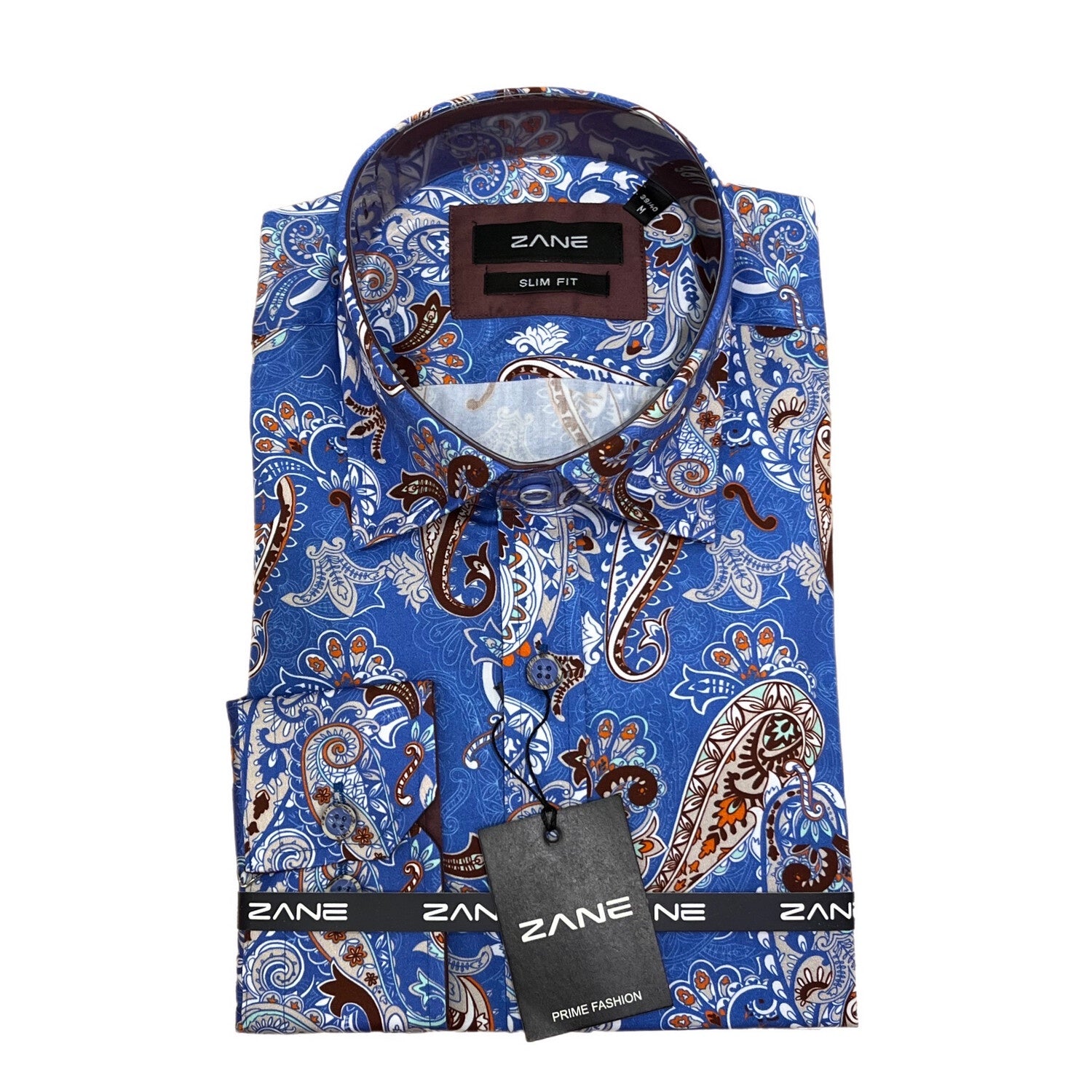 A blue paisley slim fit shirt with a luxury collar and button up closure, displayed on a hanger with a brand tag showing the brand name 'ZANE'. Royal blue paisley Italian cutaway slim fit dress shirt mens long sleeve cotton statement shirt Jacksonville formalwear Zane Suits and Tuxedos