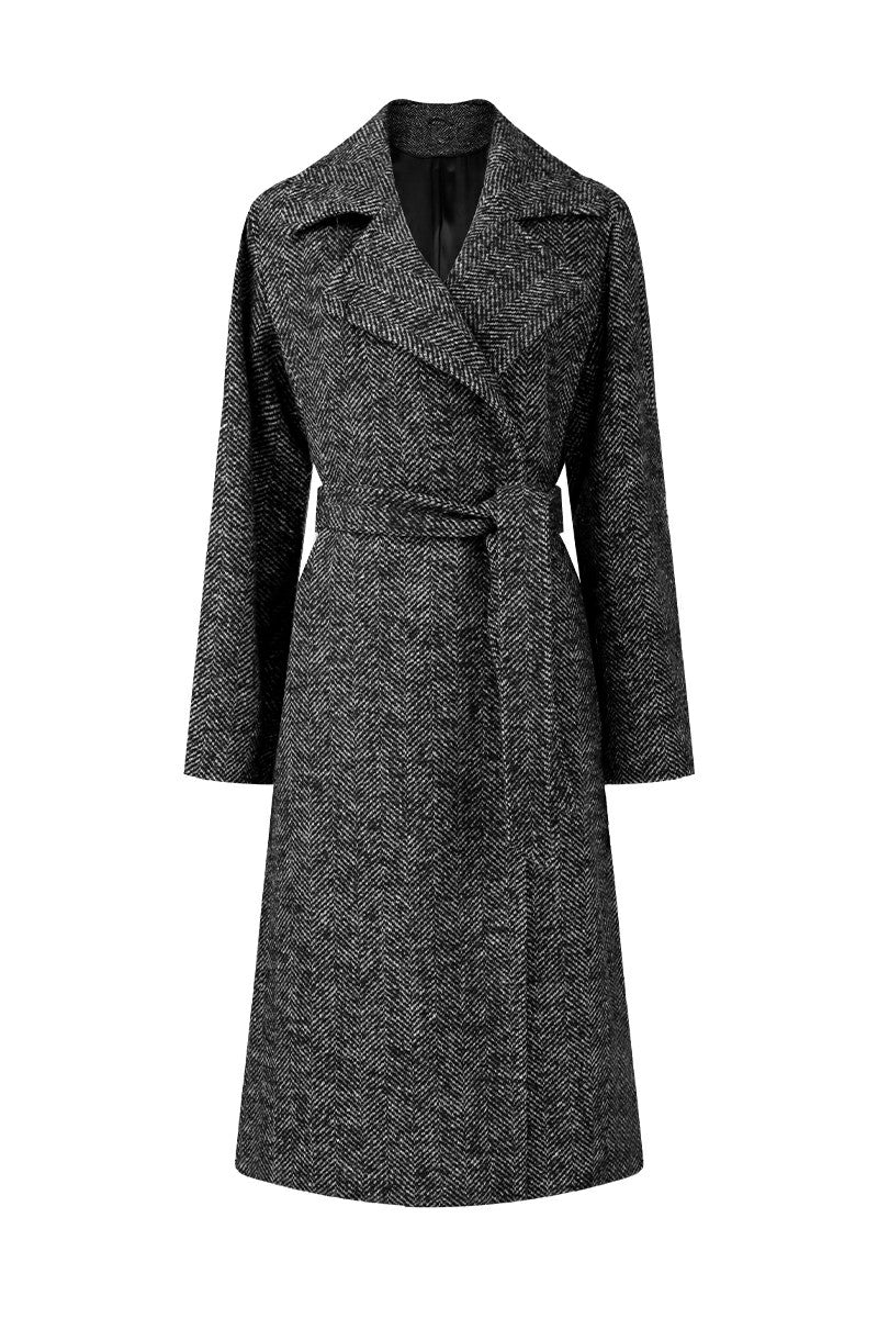Gray coat with a belt on a white background