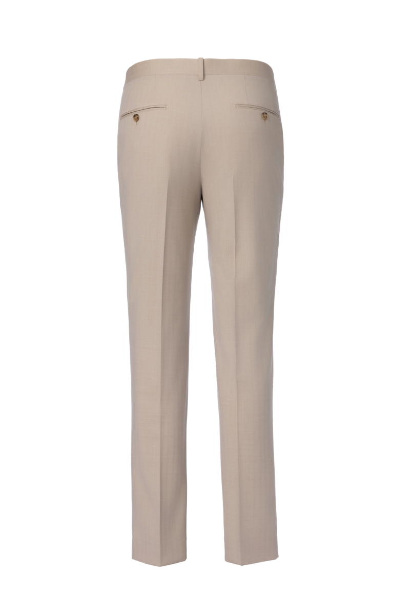 Crafted from 100% wool, this two-piece suit redefines business attire with a modern twist. The jacket features a double placket collar with a removable concept and an oblique placket design that enhances the silhouette with a fluid, cohesive shape. The subtle color block effect between white and khaki adds a refined softness, balancing contemporary style with traditional tailoring. Paired with matching trousers, this suit delivers a polished look for professional meetings, semi-formal events, or upscale soc