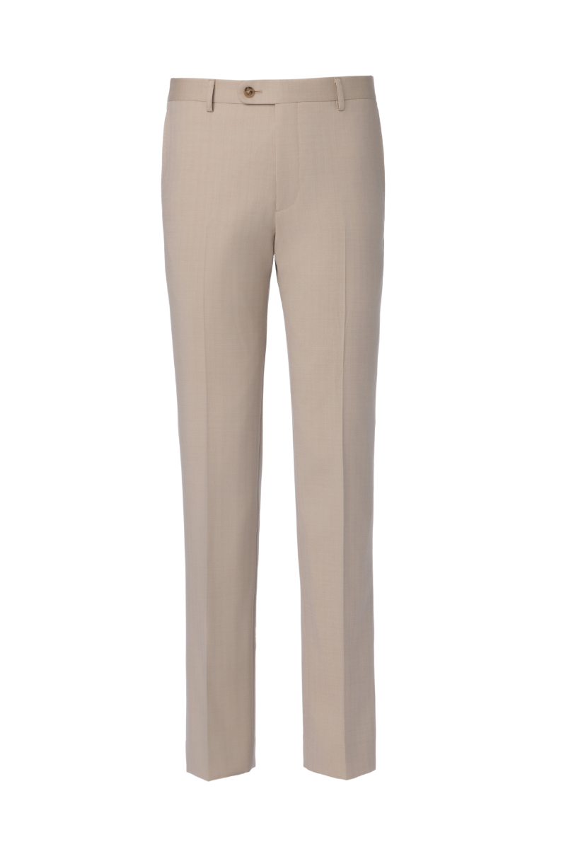 Crafted from 100% wool, this two-piece suit redefines business attire with a modern twist. The jacket features a double placket collar with a removable concept and an oblique placket design that enhances the silhouette with a fluid, cohesive shape. The subtle color block effect between white and khaki adds a refined softness, balancing contemporary style with traditional tailoring. Paired with matching trousers, this suit delivers a polished look for professional meetings, semi-formal events, or upscale soc