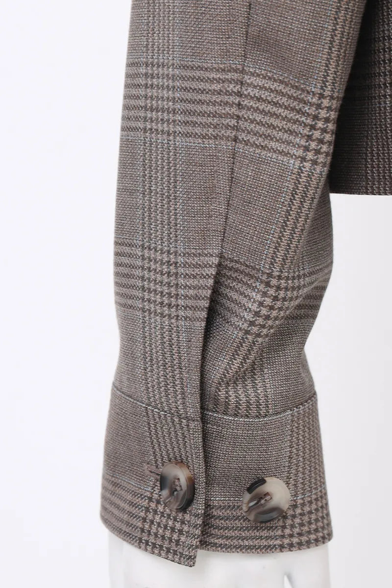 Giovanni Coffee Plaid Italian 130s Fabric Mandarin Collar Jacket