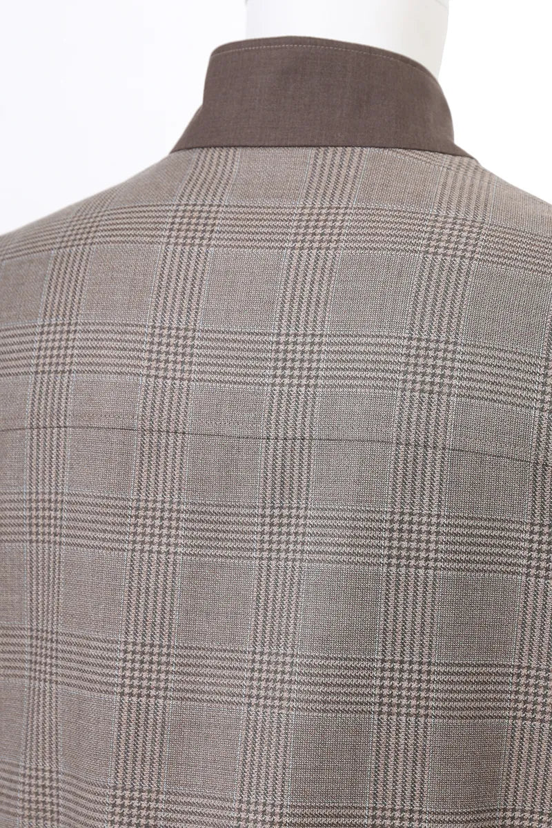 Giovanni Coffee Plaid Italian 130s Fabric Mandarin Collar Jacket