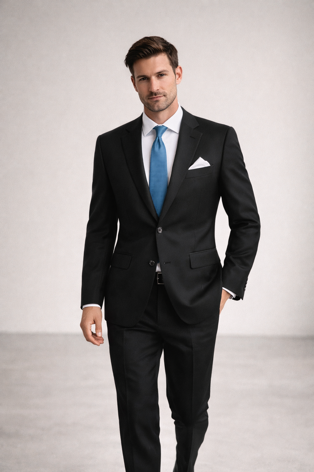 Man wearing a black suit with a blue tie on a light gray background