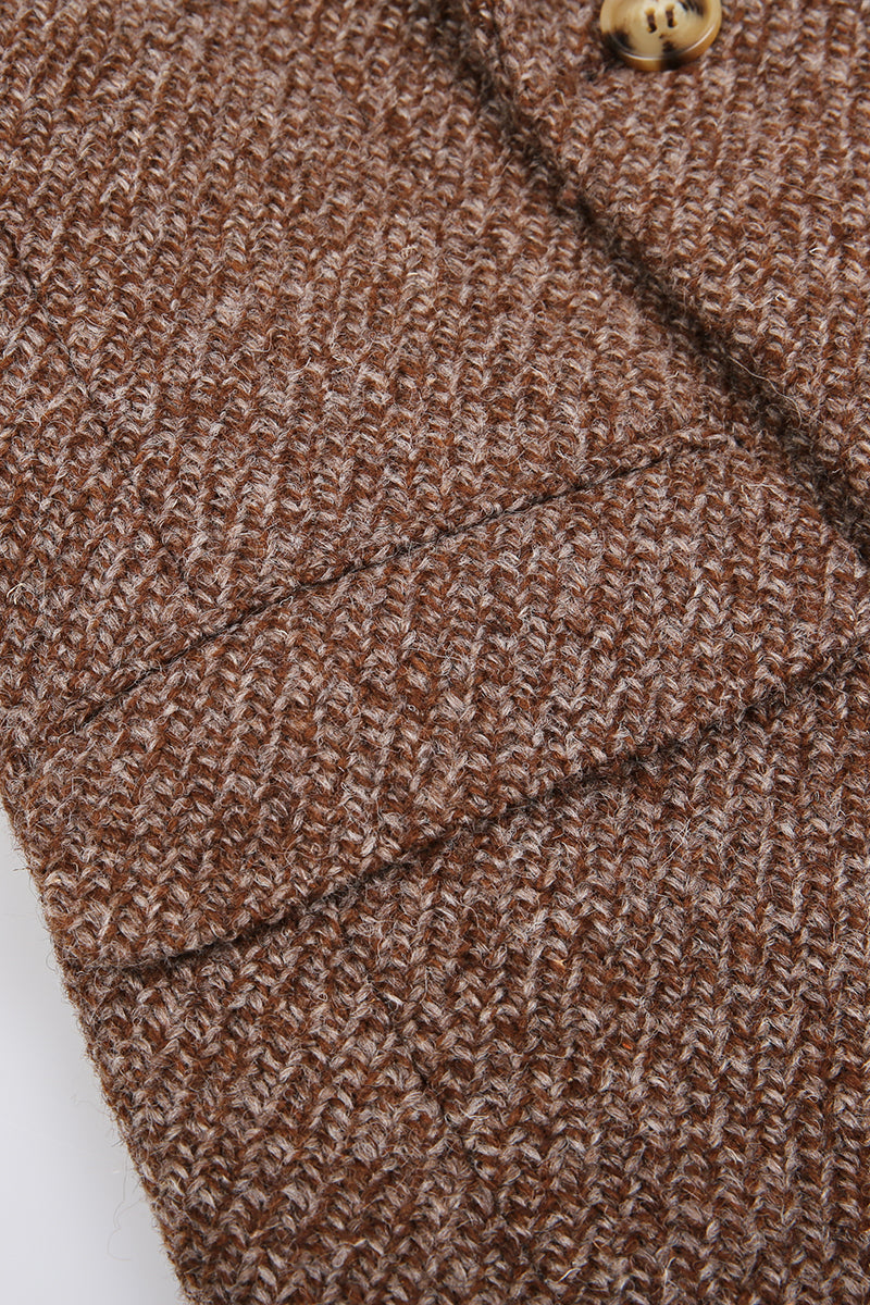 Close-up of brown textured fabric with a button wool fabric custom suits