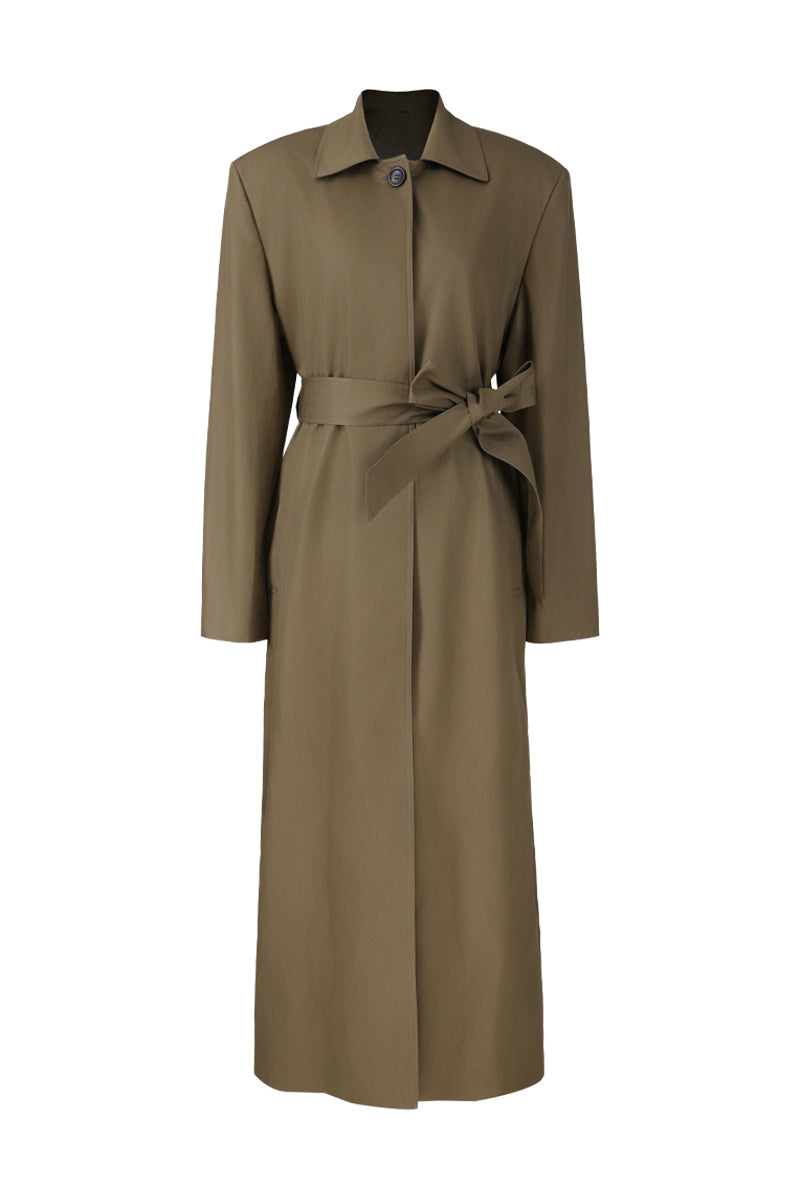 Brown trench coat with a belt on a white background