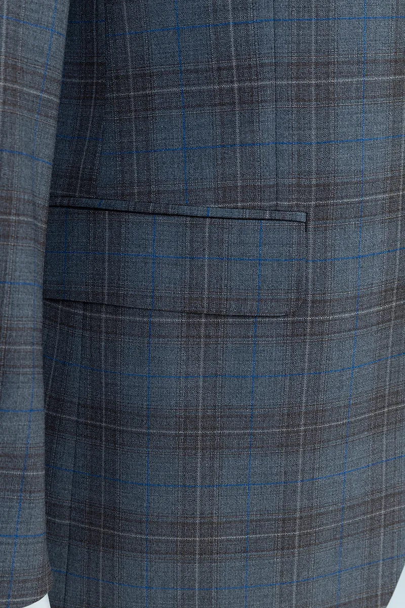 Close-up of a gray checkered suit jacket with blue lines. italian wool blazer sport coat indochin