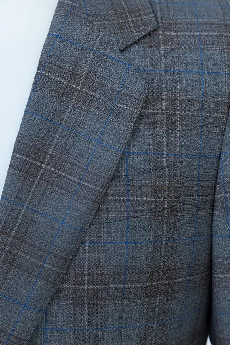 Close-up of a gray checkered suit jacket italian wool blazer sport coat philadelphia