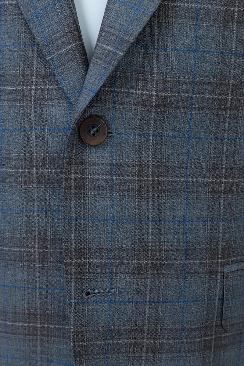 Close-up of a gray checkered suit jacket with a button. italian wool blazer sport coat orlando savannah
