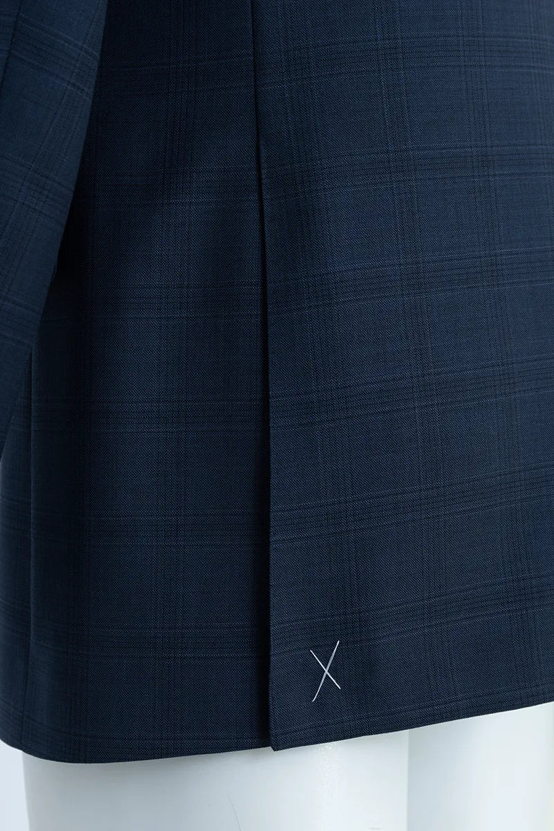 Navy blue suit jacket with a subtle check pattern best custom suits online near me