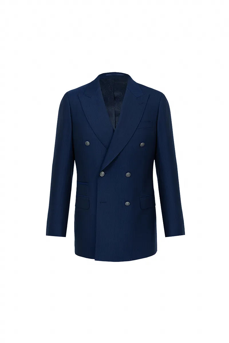 Navy blue double-breasted coat on a white background