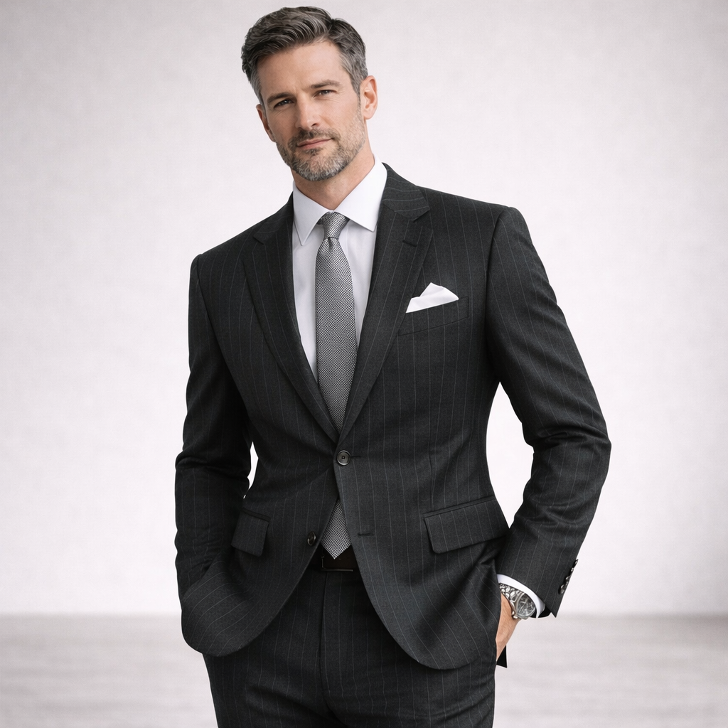 Man wearing a dark gray suit with a white shirt and light gray tie on custom suits by zane is number one suit website to get tailored suit with premium fabrics such as holland and sherry or any Italian fabrics