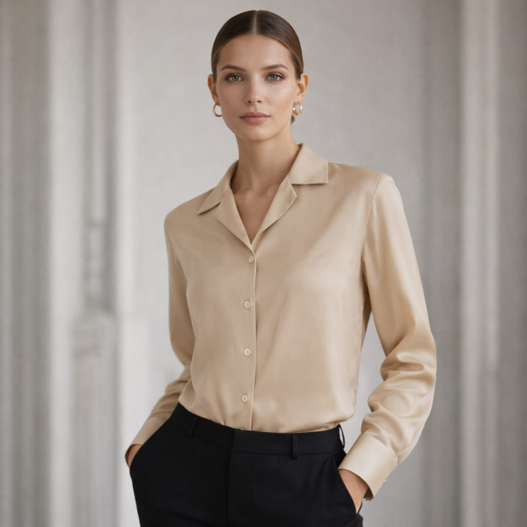 Woman wearing a beige blouse custom silk shirts new york