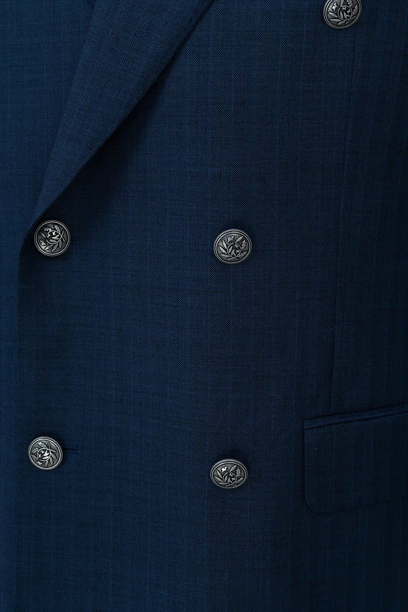 Close-up of a navy blue jacket with silver buttons