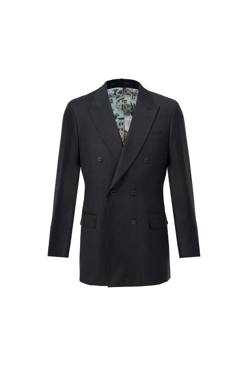 Black double-breasted coat on a white background