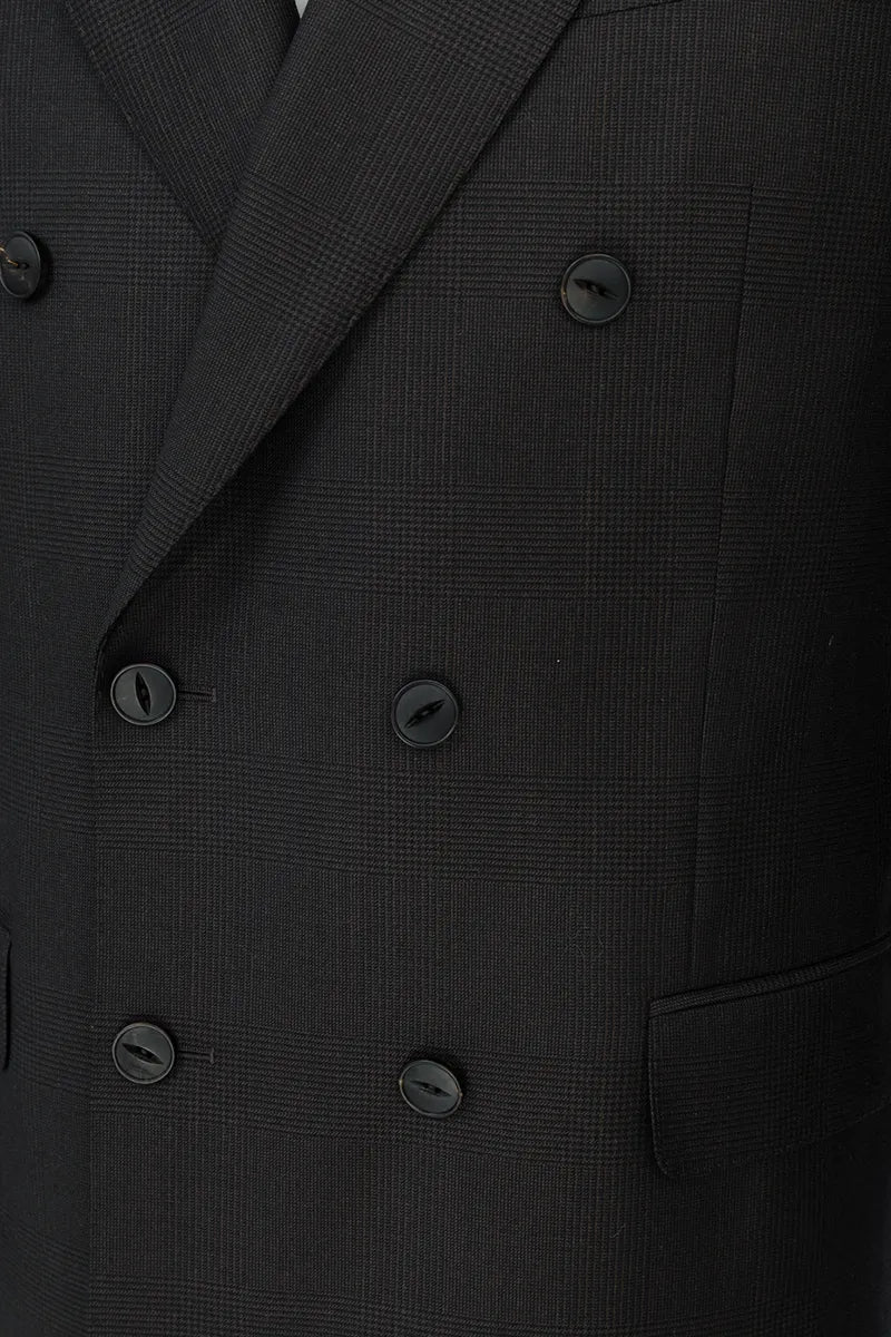 Close-up of a black double-breasted suit jacket with buttons. italian suit plaid