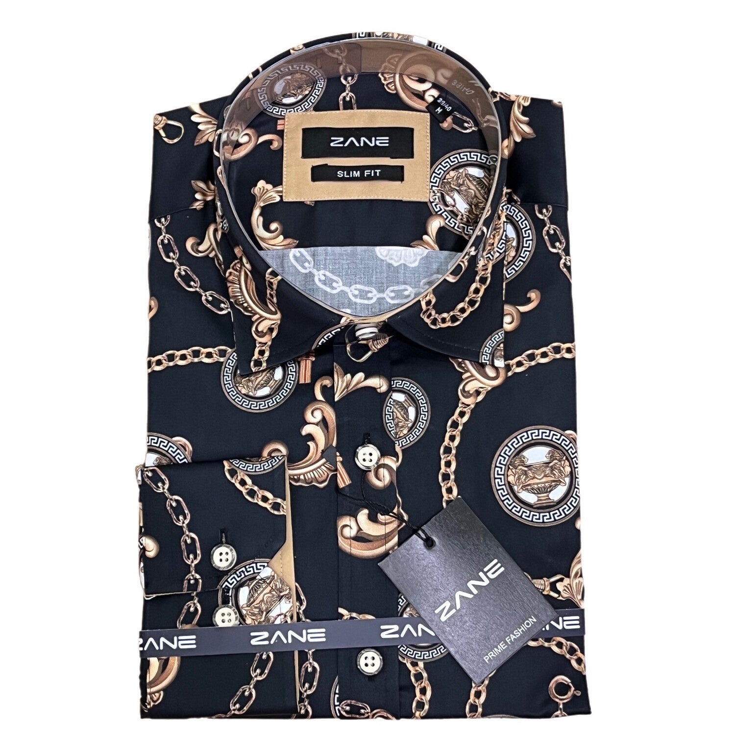 A black and gold slim fit shirt with long sleeves and an Italian cutaway luxury collar, displayed on a hanger with a brand tag attached. Regal black and gold Italian cutaway slim fit dress shirt mens long sleeve cotton statement shirt Jacksonville formalwear Zane Suits and Tuxedos