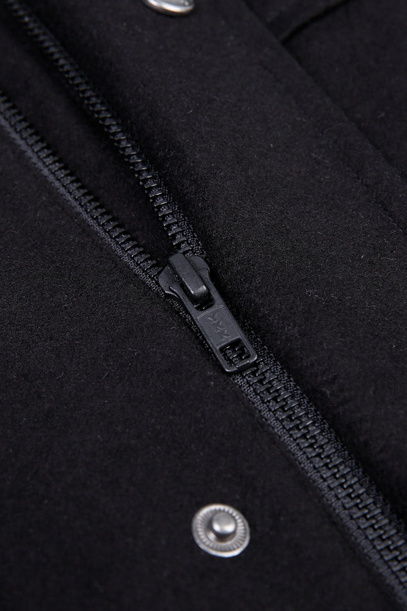 Close-up of a black coat with a zipper and buttons.