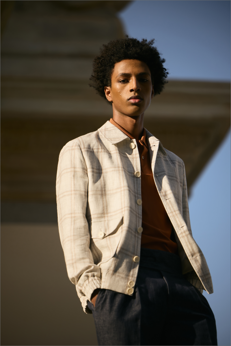 Checked button jacket styled with coordinated pants