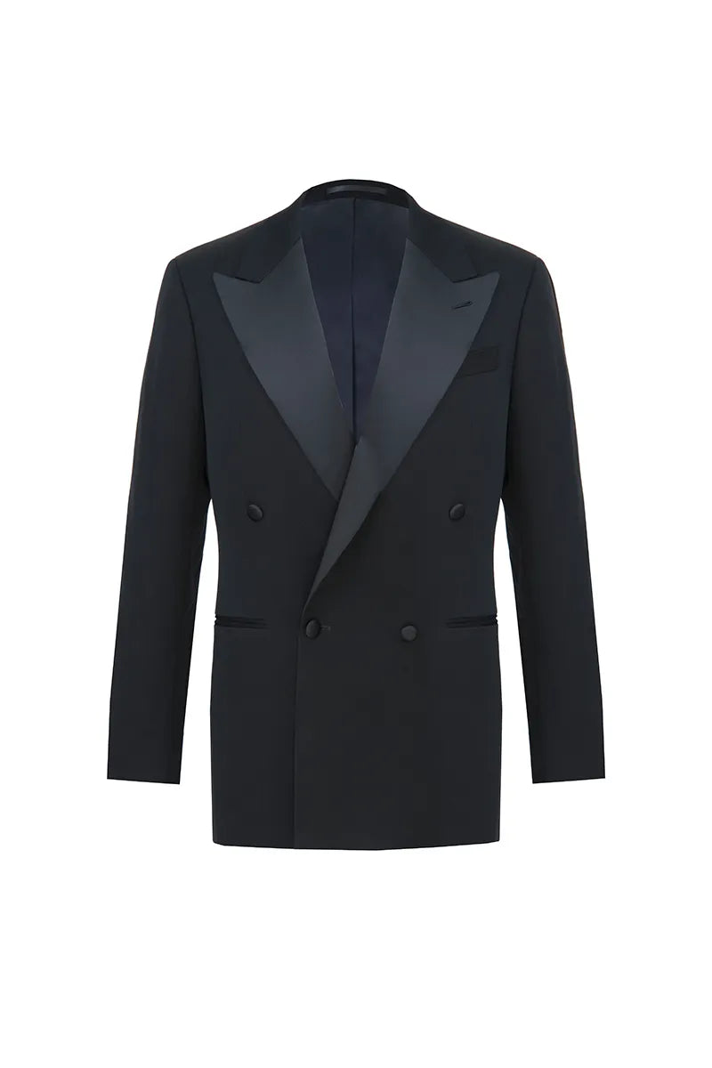 Sharply fitted black double breasted tuxedo
