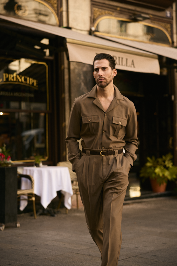 Custom tailored brown shirt and trousers for men in Jacksonville Florida designed for modern business casual style#customshirts #custompants #jacksonvilleflorida #menswear #zanesuitclub