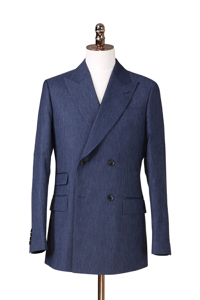 Double breasted Italian wool suit showing peak lapel styling